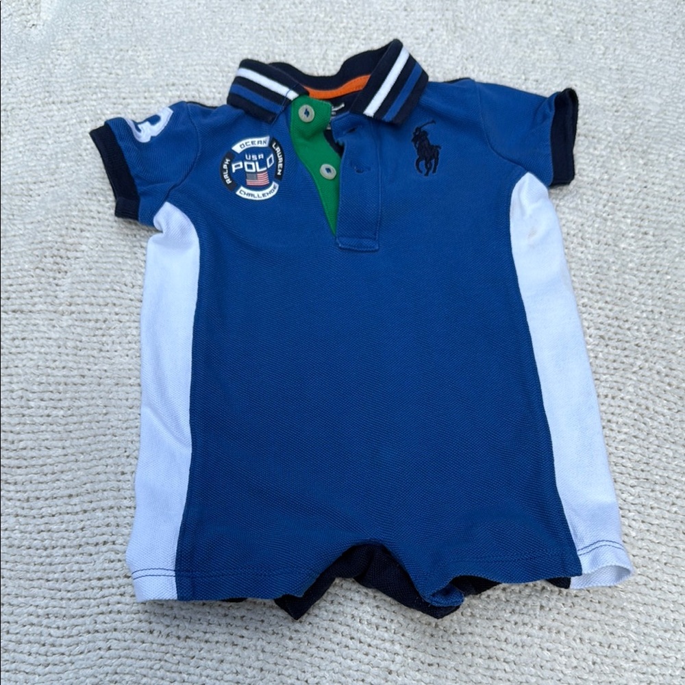 Ralph Lauren Blue and White Baby Polo Romper - Picture 1 of 4